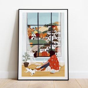 Fall A5, A4 and A3 art print, autumn, mood, scenery, landscape, cat, dog, kid, home decor, wood, nature, calm, relax, village, season, tea