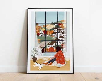 Fall A5, A4 and A3 art print, autumn, mood, scenery, landscape, cat, dog, kid, home decor, wood, nature, calm, relax, village, season, tea