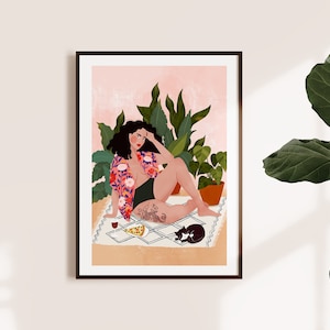 Impression d'art dimanche avec pizza A5, A4 et A3 - art mural, décoration d'intérieur, chat, cadeau pour amateur de plantes, serpent, tatouage, fille, illustration, femme, femme pizza