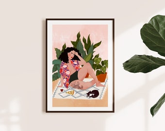 Sunday with pizza A5, A4 and A3 art print - wall art, home decor, cat, plant lover gift, snake, tatoo, girl, illustration, women, pizza lady