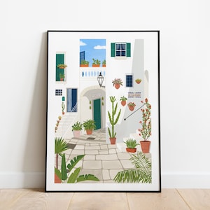 Citta Blanca art print A3,A4 and A5, Italy poster, Puglia print, Italia poster, travel print, Apulia poster, white illustration, plant print