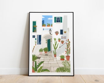 Citta Blanca art print A3,A4 and A5, Italy poster, Puglia print, Italia poster, travel print, Apulia poster, white illustration, plant print