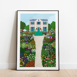 Giverny house A3, A4 et A5 art print, fleurs roses maison, nature, imprimé floral, affiche maison rose, maison monets inspirée