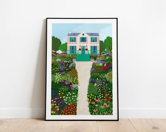 Giverny house A3, A4 and A5 art print, pink house flowers, nature, floral print, pink house poster, monets house inspired