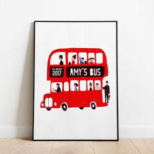 Autobús personalizado A5, A4 y A3 impresión de arte, Londres, impresión personalizada de los niños, autobús rojo, impresión de nombre, impresión de nacimiento, regalo del bebé, habitación de los niños