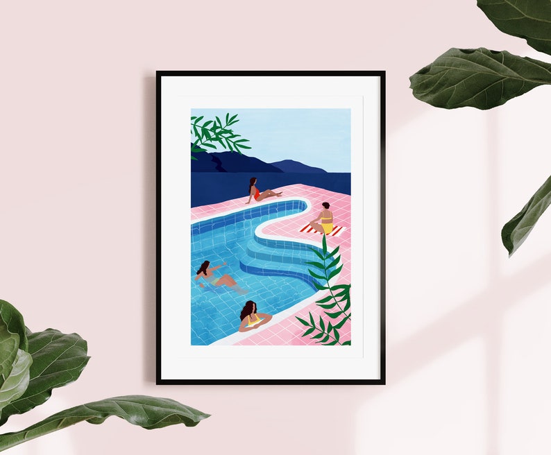 Pool ladies A5, A4 and A3 art print, home decor, poster, pool, girls, summer poster, pink, women, gift, illustration, tropical, beach poster image 1