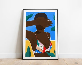 Under the sun A5,A4 and A3 art print, summer, summer print, black woman, blue, Swimmer Art Print, black girl art, tropical print, yellow