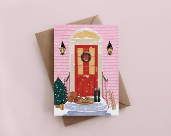 Red Christmas door greeting card, seasonal, festive card, xmas, holiday cards, Christmas cards, festive, family card, cards for girls
