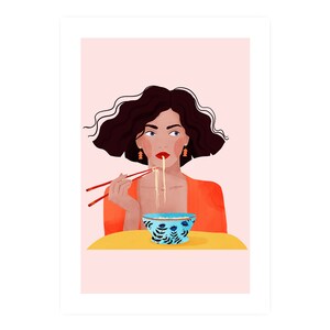 Noodle girl A5, A4 and A3 print, japanese girl, ramen girl, food lover, Chinese, food poster, girl poster, Japanese poster, noodle, orange image 2