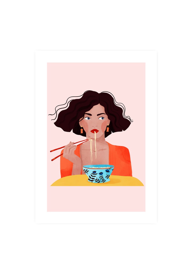 Noodle girl A5, A4 and A3 print, japanese girl, ramen girl, food lover, Chinese, food poster, girl poster, Japanese poster, noodle, orange image 2