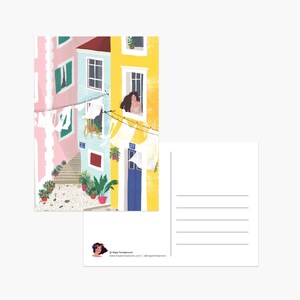Chillin' single postcard, home decor, alfama, illustration, girl, city, street, portugal, poster, wall art, architecture, plant