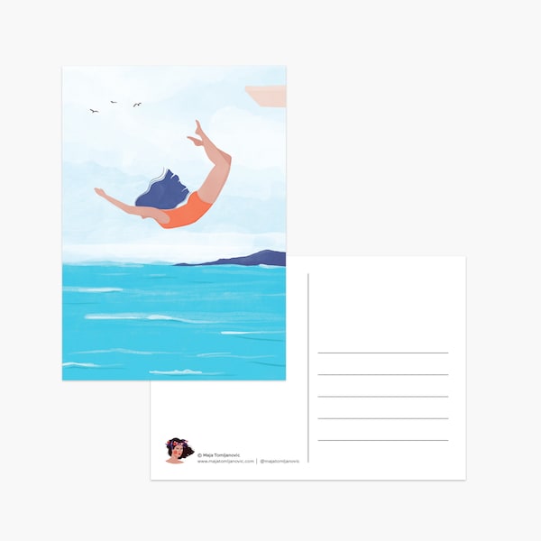 Jump postcard, travel gift, summer illustration, sea postcard, coral, beach, sea art, nature, freedom art, blue, turquoise