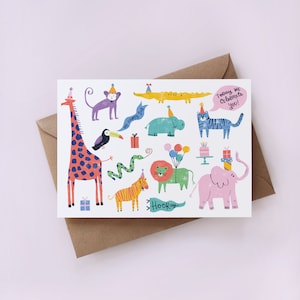 Oggi vi festeggiamo! biglietto di auguri, biglietto di animali, biglietto per bambini, biglietto divertente, biglietto di animali da festa, biglietto colorato, biglietto giungla, buon compleanno