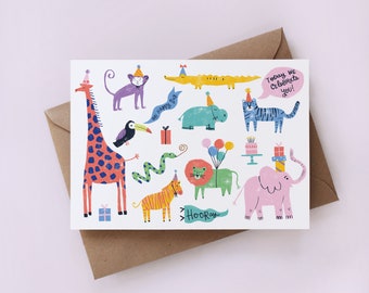 Today we celebrate you! greeting card, animals card, kid card, funny card, party animals card, colorful card, jungle card, happy birthday