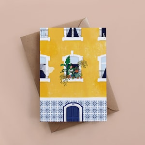 Lisbona pianta ragazza biglietto di auguri, giallo, gatto, finestre, donna regalo, pianta, botanico, lisbona, portogallo carta, regalo per lei