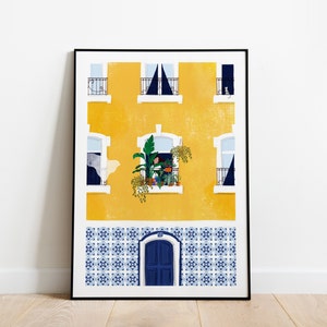 Lissabon plant meisje A5, A4 en A3 kunstprint, woondecoratie, architectuur, geel, kat, ramen, cadeau vrouw, cadeau plantenliefhebber, reisprint