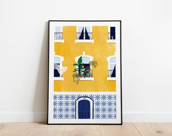 Lisbon plant girl  A5, A4 and A3 art print, home decor, architecture, yellow, cat, windows, woman gift, plant lover gift, travel print