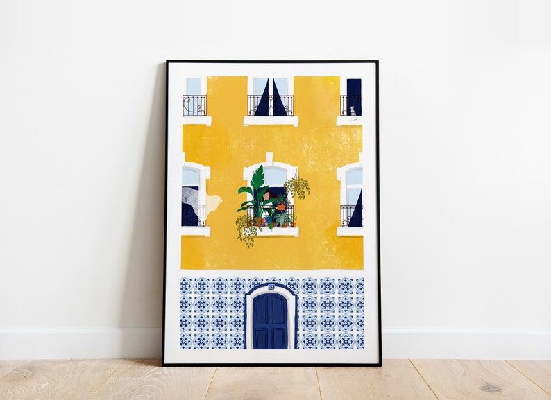 Lisbon plant girl A5, A4 and A3 art print, home decor, architecture, yellow, cat, windows, woman gift, plant lover gift, travel print image 1