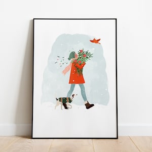 Winter walk A5, A4 and A3 art print, dog love, dog owner, Dog Walker Art, Woman Walking Dog Art, Dog Sitter Art, dog illustration, dog gift