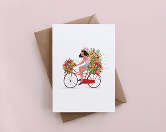 Looking for a spring card, spring, flowers, florist, bike, bicycle, illustration, floral, summer, girl, pretty,  botanical, color, art
