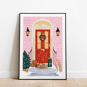 Red Christmas door A5, A4 and A3 art print, Christmas poster, hliday season, festive poster, Xmas print, pink house, house poster,