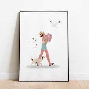 Summer walk, A5, A4 and A3 print, seagull, summer poster, dog walker, dog lover gift Dog Print, Dog Mom Gift, Dog Birthday Gift, Animal Love