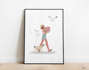 Summer walk, A5, A4 and A3 print, seagull, summer poster, dog walker, dog lover gift Dog Print, Dog Mom Gift, Dog Birthday Gift, Animal Love