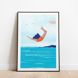 Jump A5, A4 and A3 art print, summer poster, beach art, sea, coral, girl poster, sea art, nature, freedom art, blue, turquoise