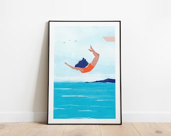 Jump A5, A4 and A3 art print, summer poster, beach art, sea, coral, girl poster, sea art, nature, freedom art, blue, turquoise