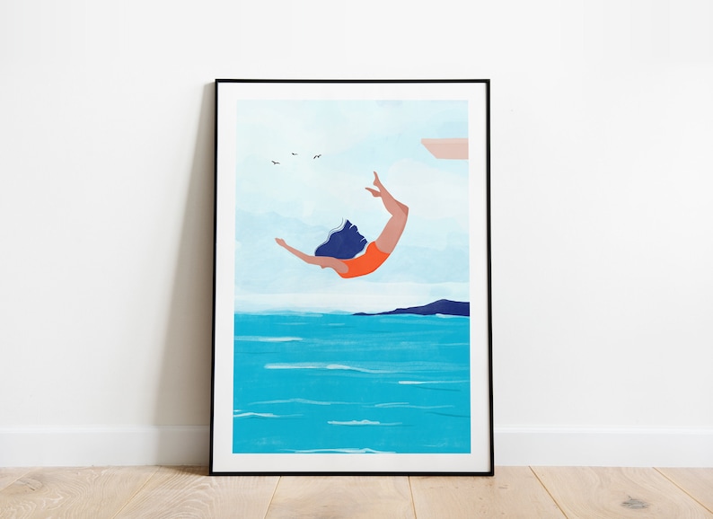 Jump A5, A4 and A3 art print, summer poster, beach art, sea, coral, girl poster, sea art, nature, freedom art, blue, turquoise image 1