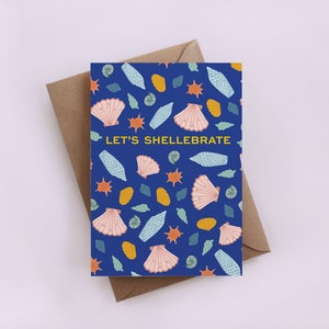 Vamos a Shellebrate tarjeta de felicitación, tarjetas de conchas, sea ard, divertido, peculiar, tarjetas azules,