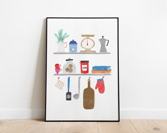 Kitchen shelfie A5, A4 and A3 print, kitchen, chef print, food blogger art, food art, food poster, utensil poster, foodie