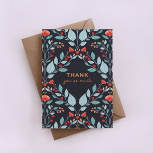 Merci beaucoup carte de voeux, carte drôle, plante, fleurs, floral, carte bleue, rouge, carte à motif, forme de losange