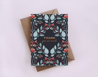 Thank you so much greeting card, funny card, plant, flowers, floral, blue card, red, pattern card, diamond shape