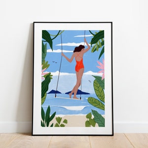 Swing A5, A4, A3 art print, summer poster, girl poster, nature poster, summer print, sea, blue, plants poster