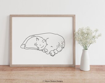 Sleeping Cat and Dog Line Art Print (Instant Download)