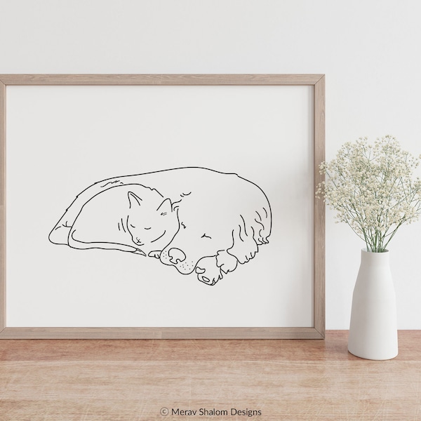 Cat and Dog Print, Dog wall art, Cat Illustration, Cat Line Drawing, Pen & Ink Print - INSTANT DOWNLOAD