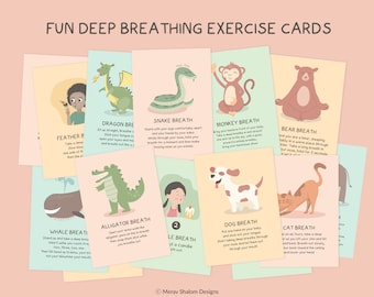 Puede incluir: Un conjunto de 10 tarjetas imprimibles coloridas que presentan diferentes animales y ejercicios de respiración. Cada tarjeta tiene una ilustración de un animal e instrucciones para un ejercicio de respiración. Las tarjetas se titulan "Fun Deep Breathing Exercise Cards".