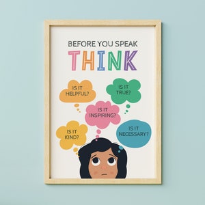Póster Piensa antes de hablar, Reglas imprimibles, Póster motivacional, Oficina del profesor, Decoración del aula - DESCARGA INSTANTÁNEA