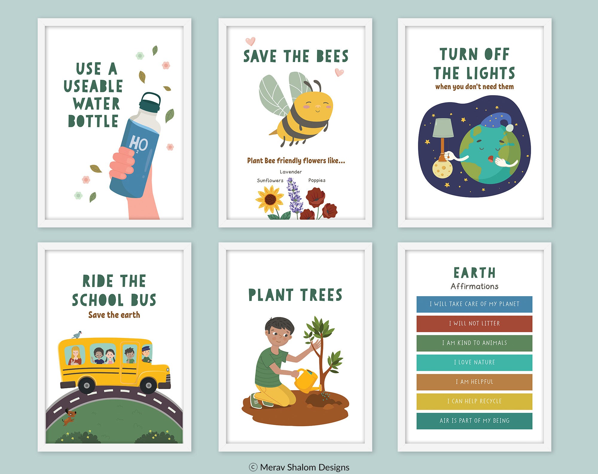 Earth Day Posters, Classroom Art, set of 6, Save the Earth Art, Kids Wall Art - INSTANT DOWNLOAD