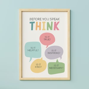 Póster Piensa antes de hablar, Reglas imprimibles, Póster motivacional, Oficina del profesor, Decoración del aula - DESCARGA INSTANTÁNEA