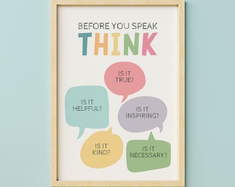 Think Before You Speak Poster, Classroom Rules Print (Digital Download)