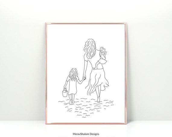 Custom Mother and Daughters Art Line Art Family Print | Etsy