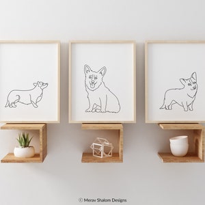 Conjunto de arte lineal de Corgi: dibujo de arte de pared minimalista: perros y mascotas: DESCARGA INSTANTÁNEA