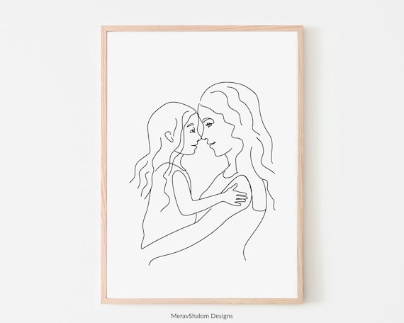 Mother and Daughters Art, Line Art, Family Print, Line Drawing