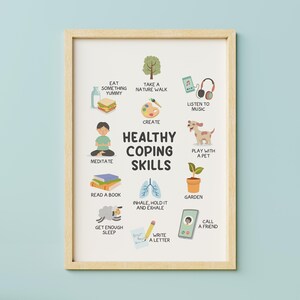 Póster de habilidades de afrontamiento, póster de estrategias de calma, alivio de la ansiedad, decoración del aula: DESCARGA INSTANTÁNEA