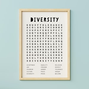 Poster di ricerca di parole sulla diversità, arte positiva per la classe, stampa educativa, poster per bambini, stampe per la scuola domestica - DOWNLOAD IMMEDIATO