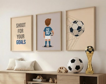 Juego de arte de pared de fútbol personalizado • Nombre y número personalizados • Arte de pared para habitación de niños • Impresión de fútbol • Decoración de habitación infantil
