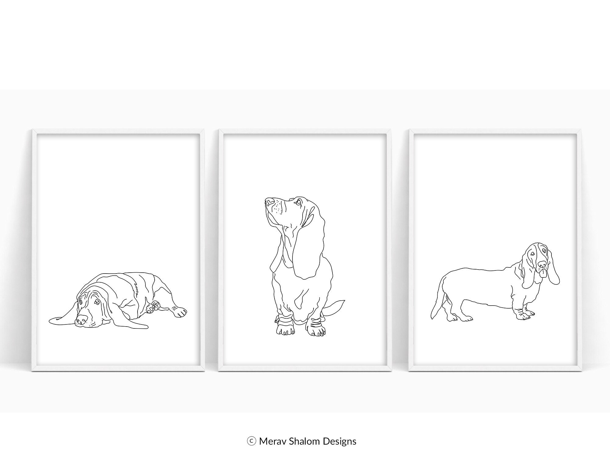 Basset Hound Line Art Set Minimalist Wall Art Drawing Dogs Etsy