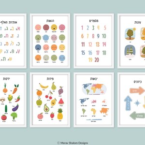 SUPPORT ISRAEL, Hebräisch Poster Set von 8 - Lernmittel, Alphabet, Zahlen, Klassenzimmer - Sofort Download